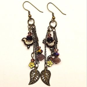 Long Purple and Bronze Beaded Earrings